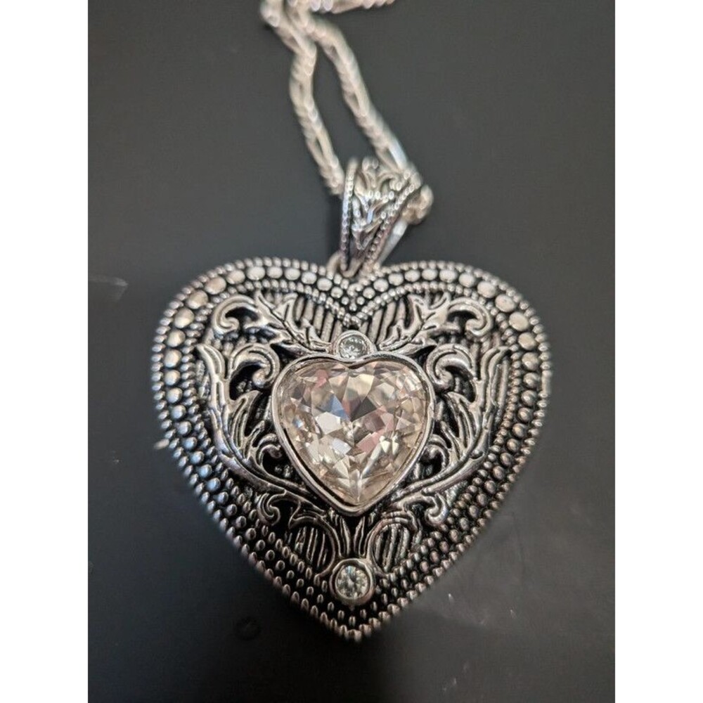 Brighton Reno Heart Pendant Necklace Silver Plated Filigree Swarovski Crystal